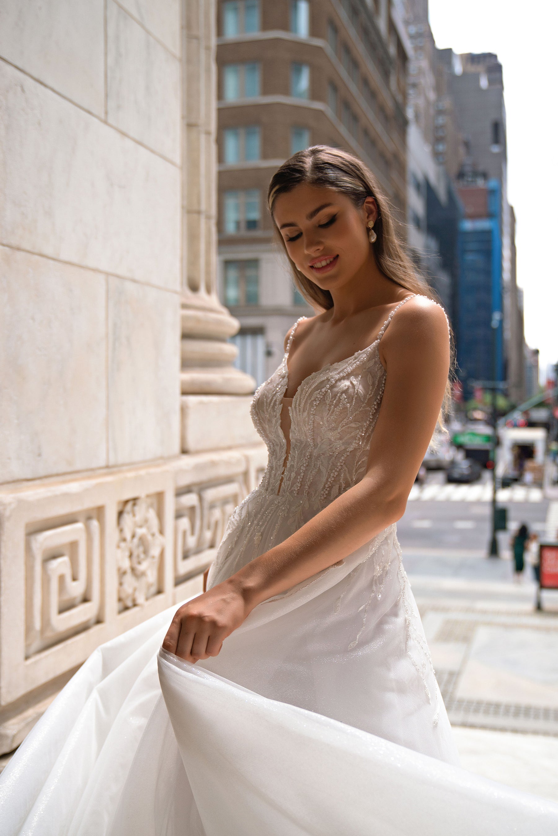 A-Line Wedding Dress with V-Neck Beaded Lace Bodice