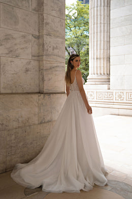 A-Line Wedding Dress with V-Neck Beaded Lace Bodice