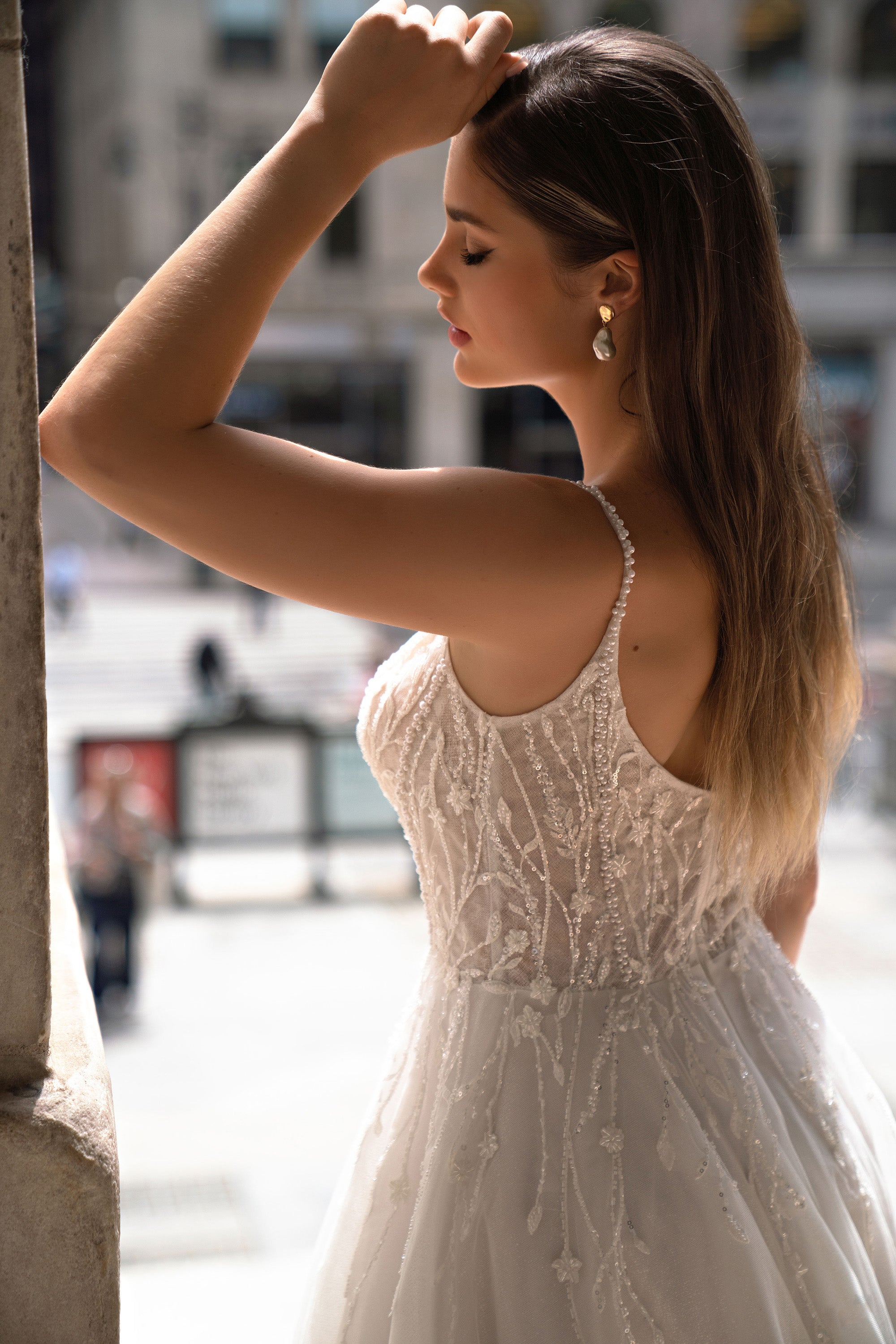 A-Line Wedding Dress with V-Neck Beaded Lace Bodice