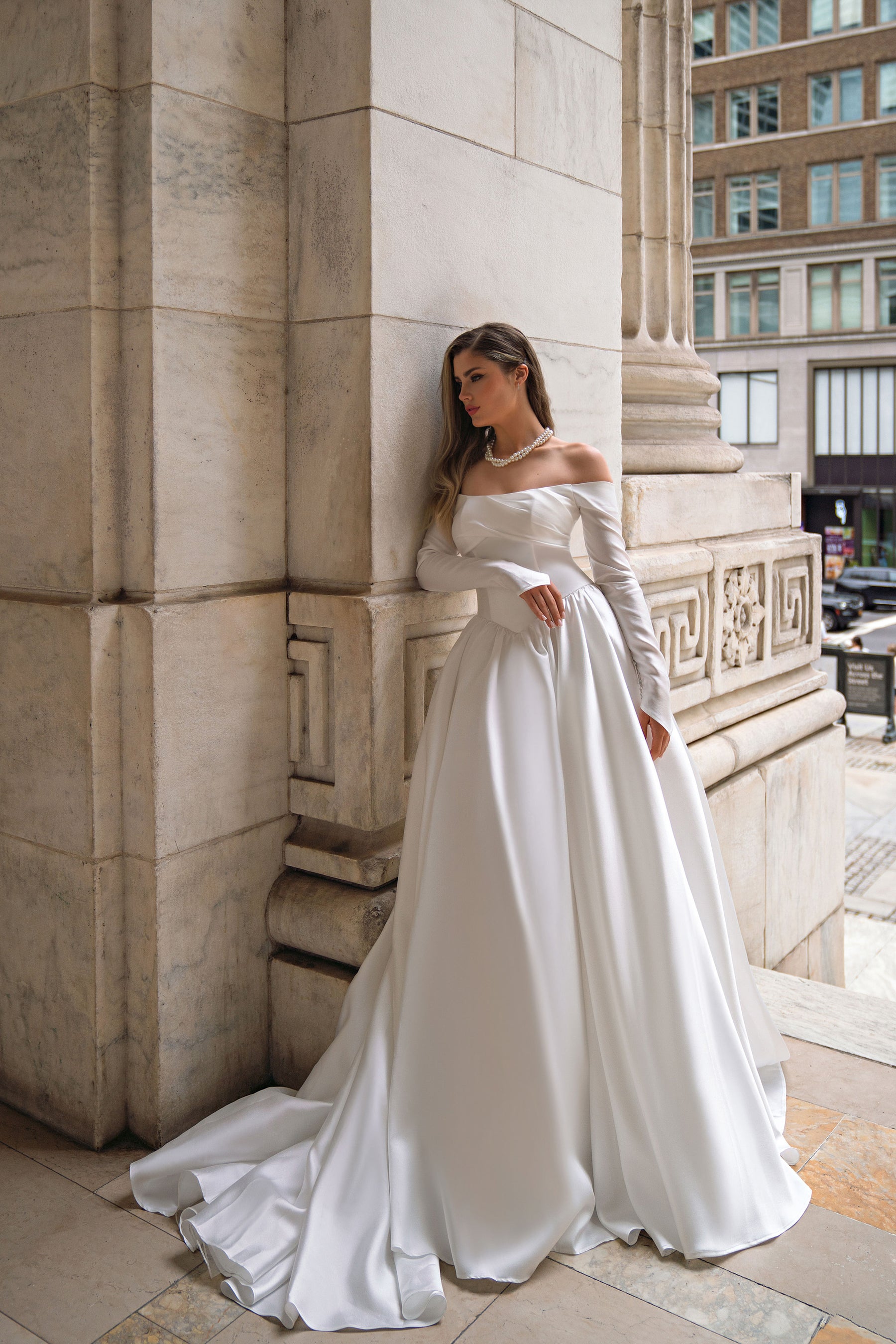 Satin Ball Gown Wedding Dress with Off-The-Shoulder Neckline