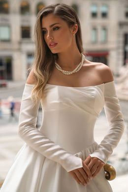 Satin Ball Gown Wedding Dress with Off-The-Shoulder Neckline