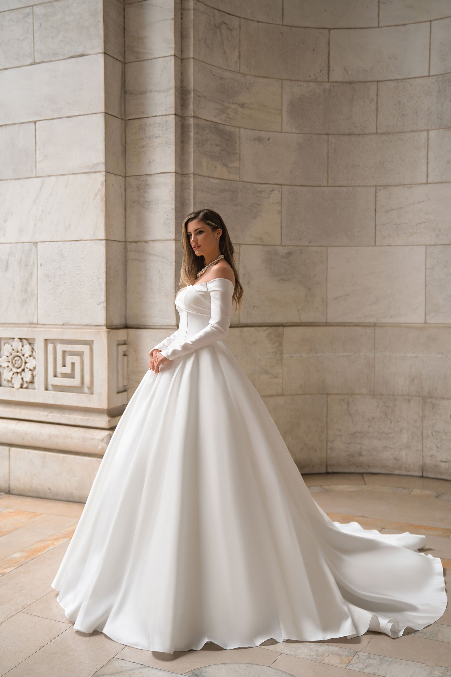 Satin Ball Gown Wedding Dress with Off-The-Shoulder Neckline