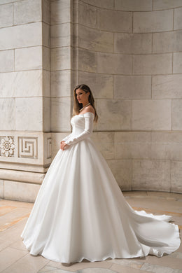Satin Ball Gown Wedding Dress with Off-The-Shoulder Neckline