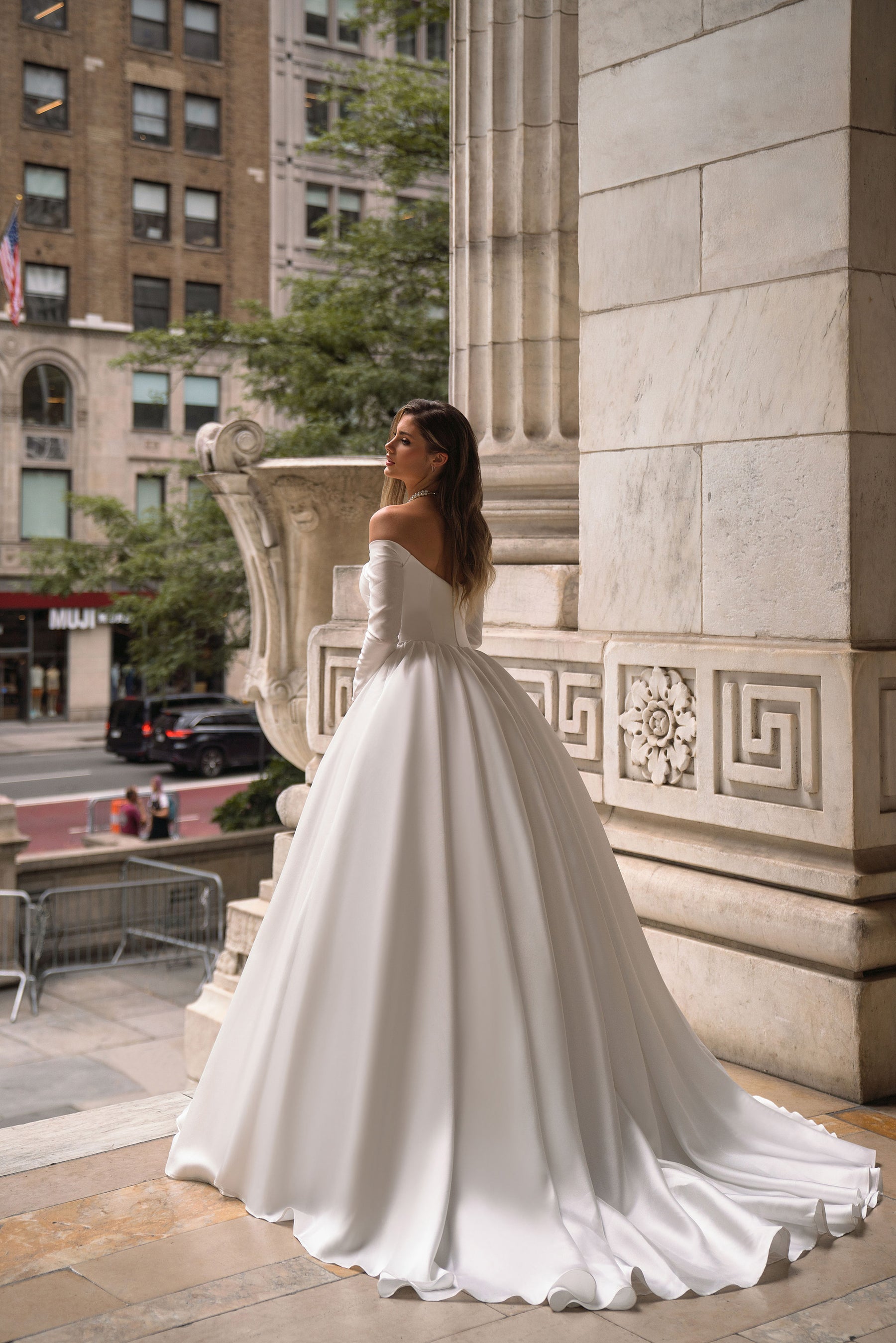 Satin Ball Gown Wedding Dress with Off-The-Shoulder Neckline