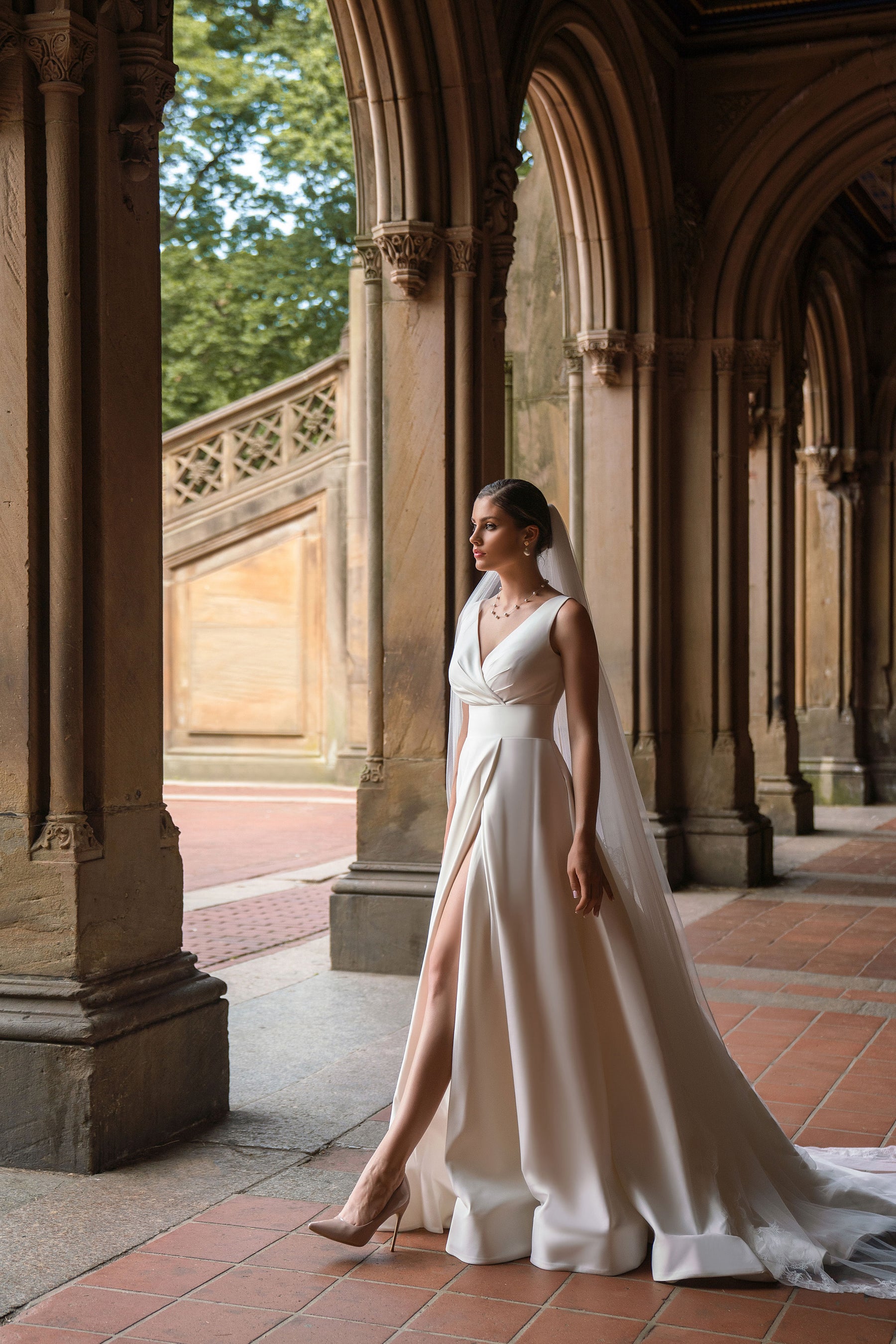 A-Line Wedding Dress with V-Neckline and Slit