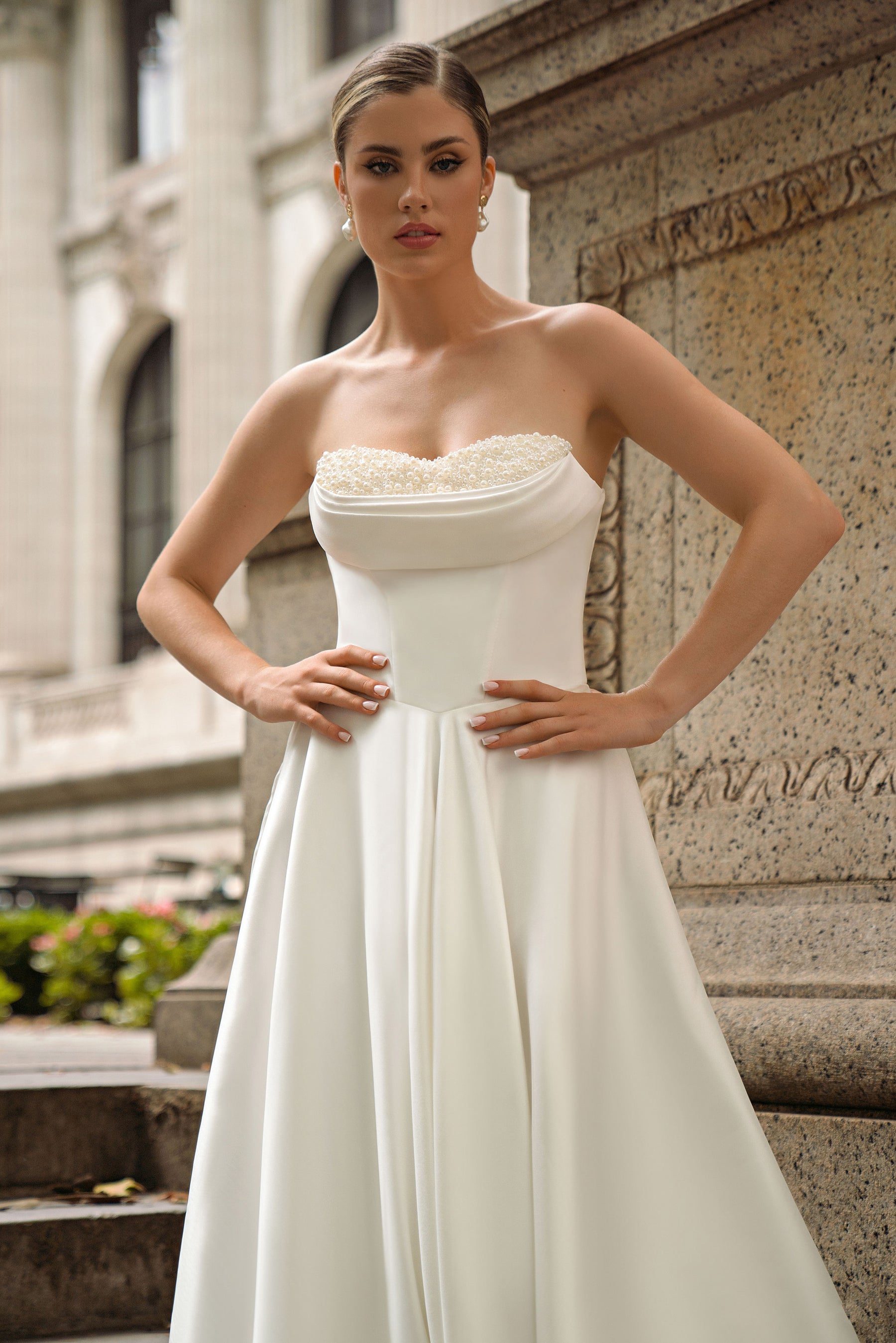 Satin Ball Gown Wedding Dress with Pearl Neckline