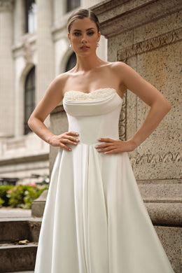 Satin Ball Gown Wedding Dress with Pearl Neckline