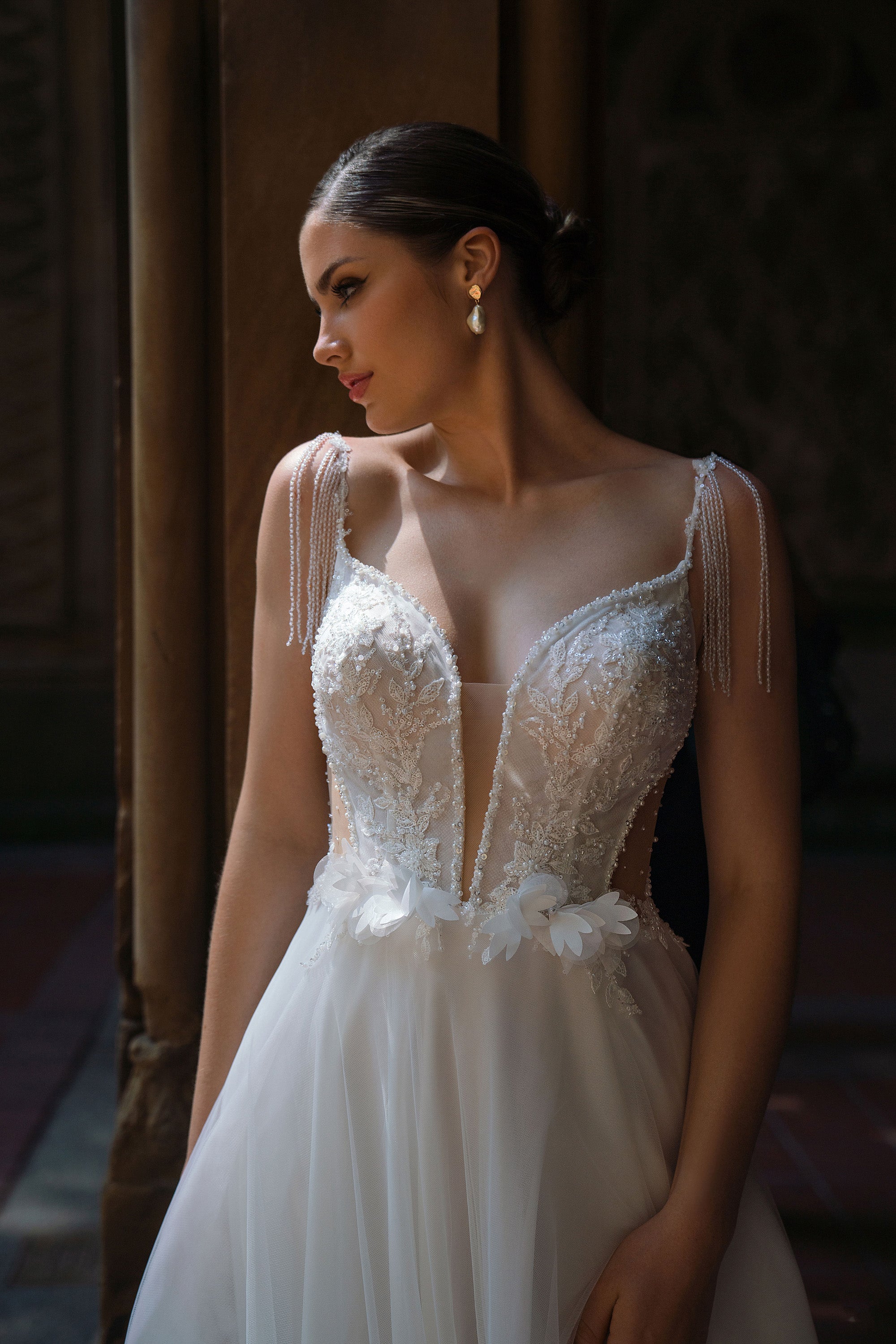 A-Line Wedding Dress with Beaded Straps and Floral Appliqués