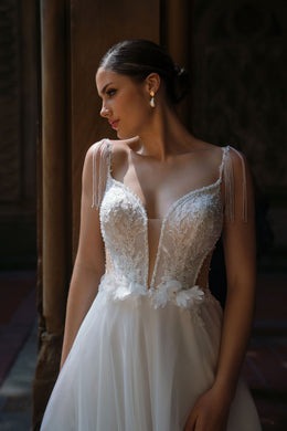 A-Line Wedding Dress with Beaded Straps and Floral Appliqués