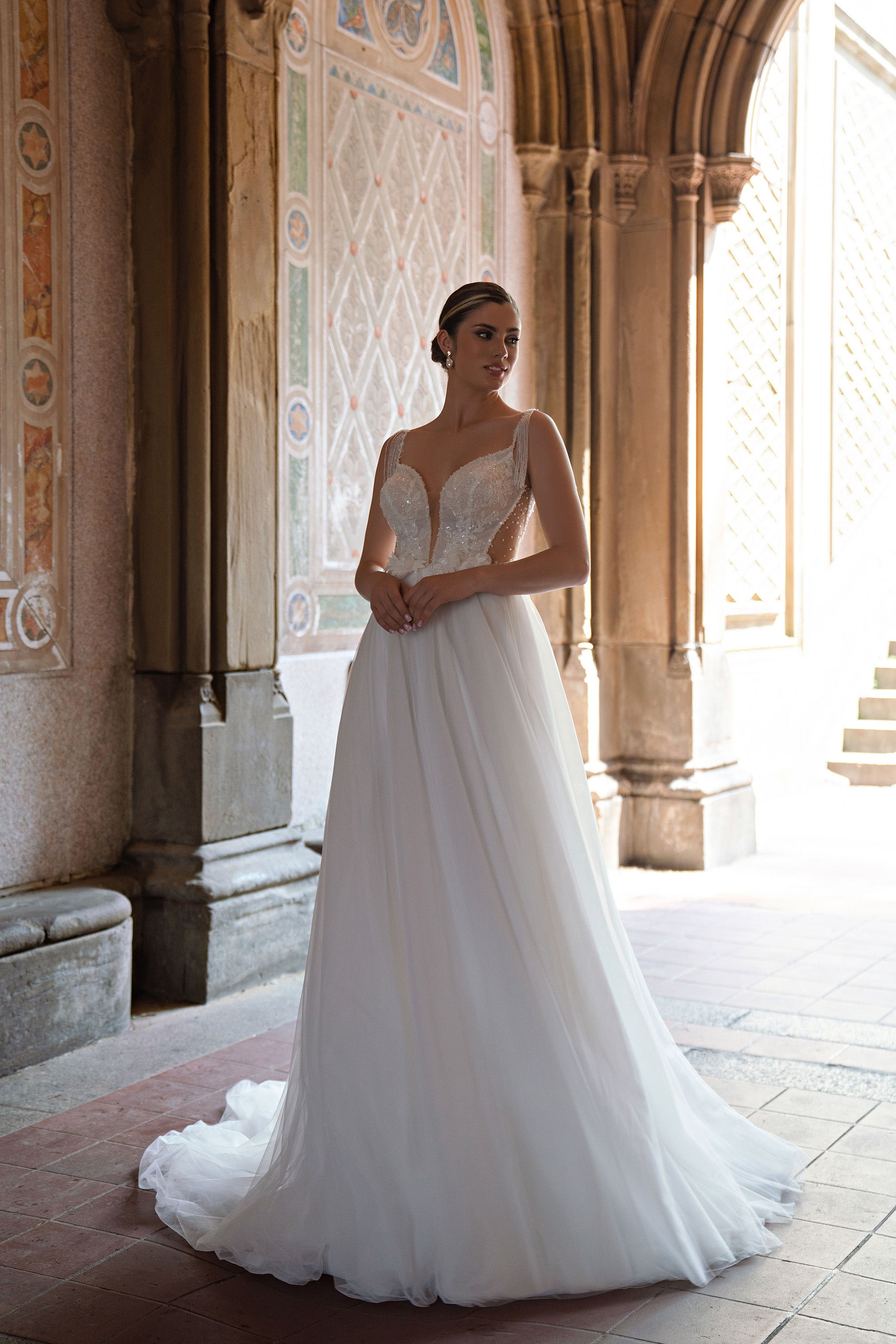 A-Line Wedding Dress with Beaded Straps and Floral Appliqués