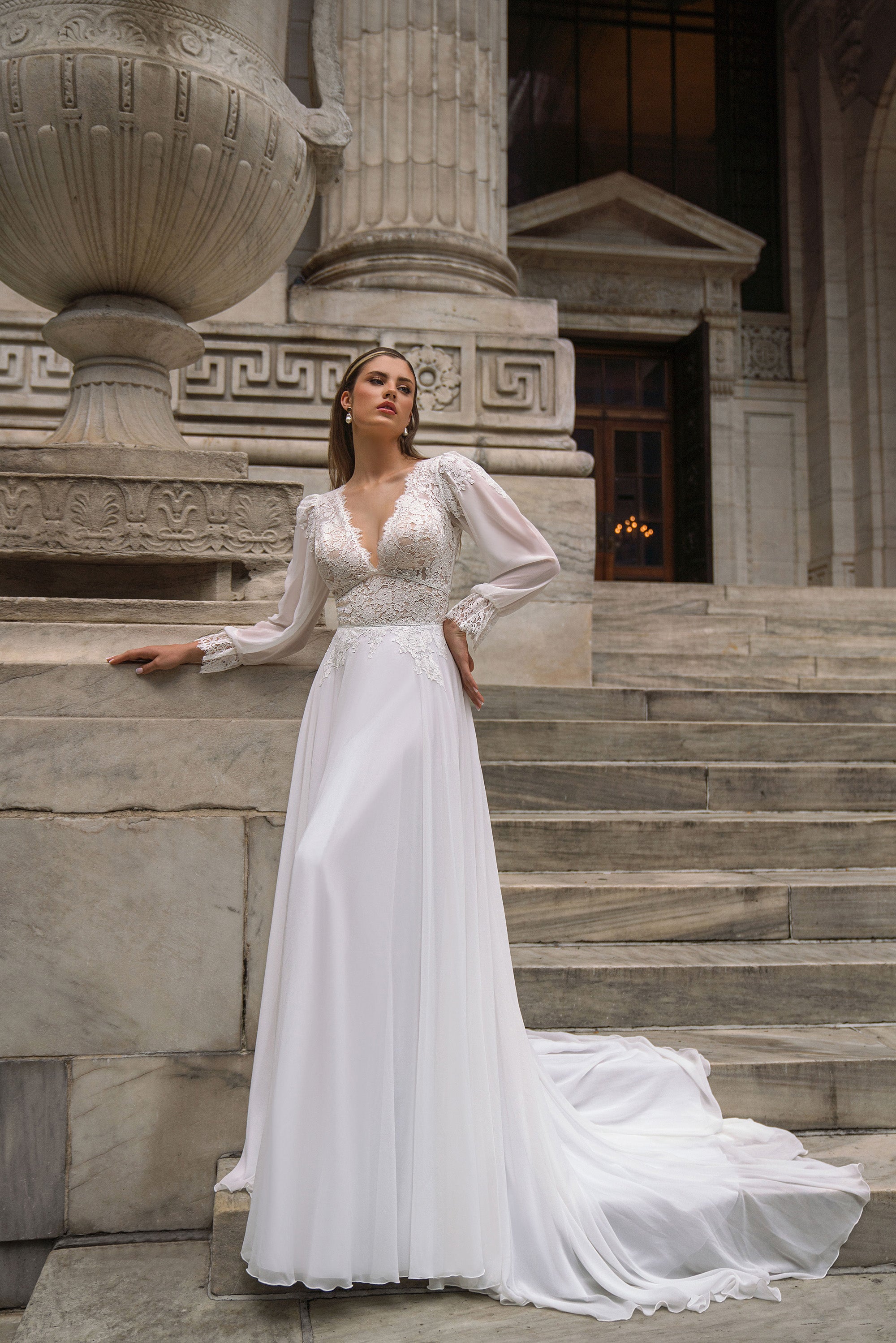 A-Line Wedding Dress with V-Neck Lace Bodice