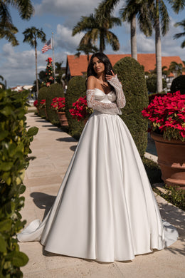 Satin A-Line Wedding Dress with Detachable Lace Sleeves