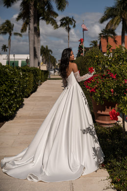 Satin A-Line Wedding Dress with Detachable Lace Sleeves