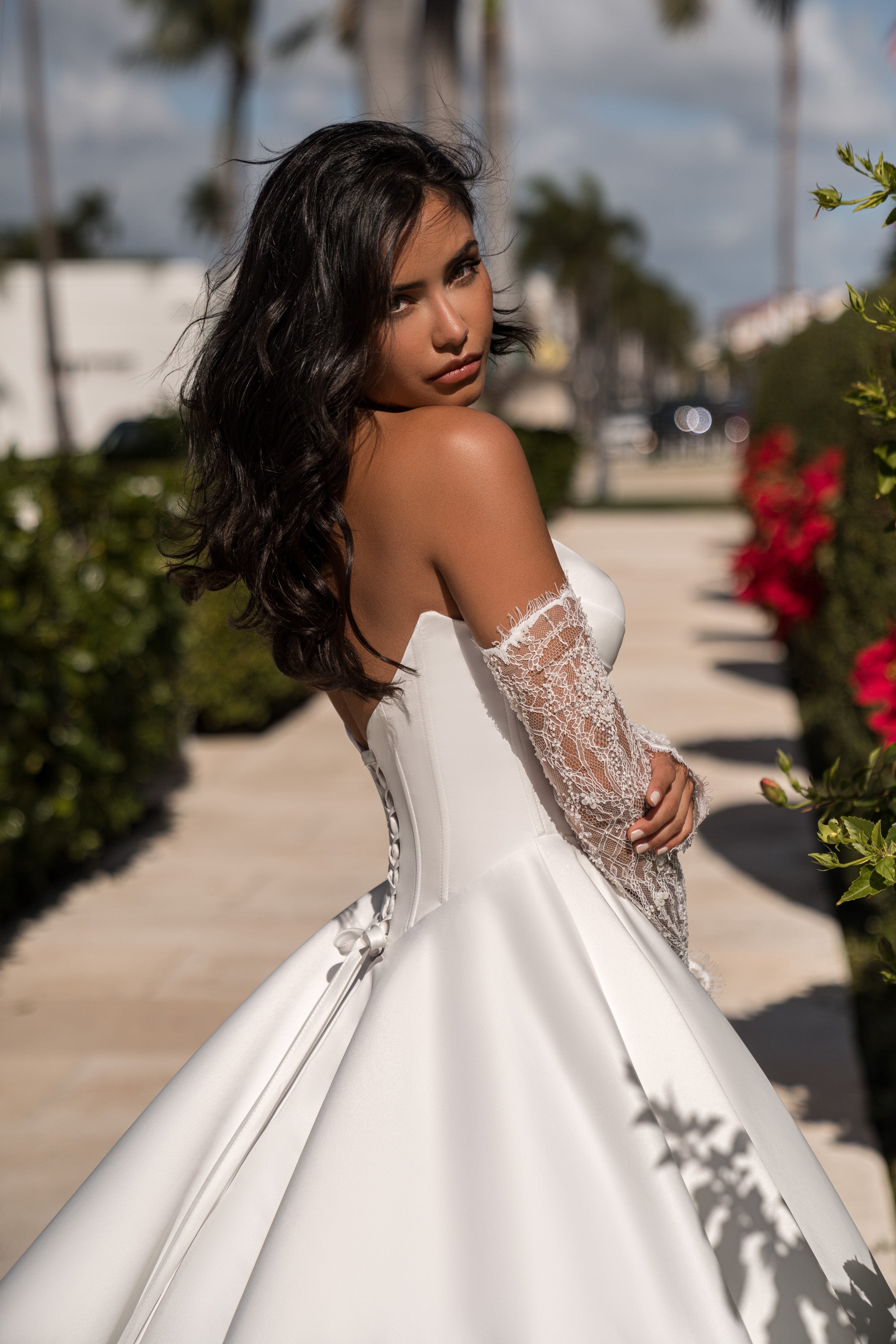 Satin A-Line Wedding Dress with Detachable Lace Sleeves