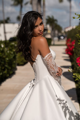 Satin A-Line Wedding Dress with Detachable Lace Sleeves