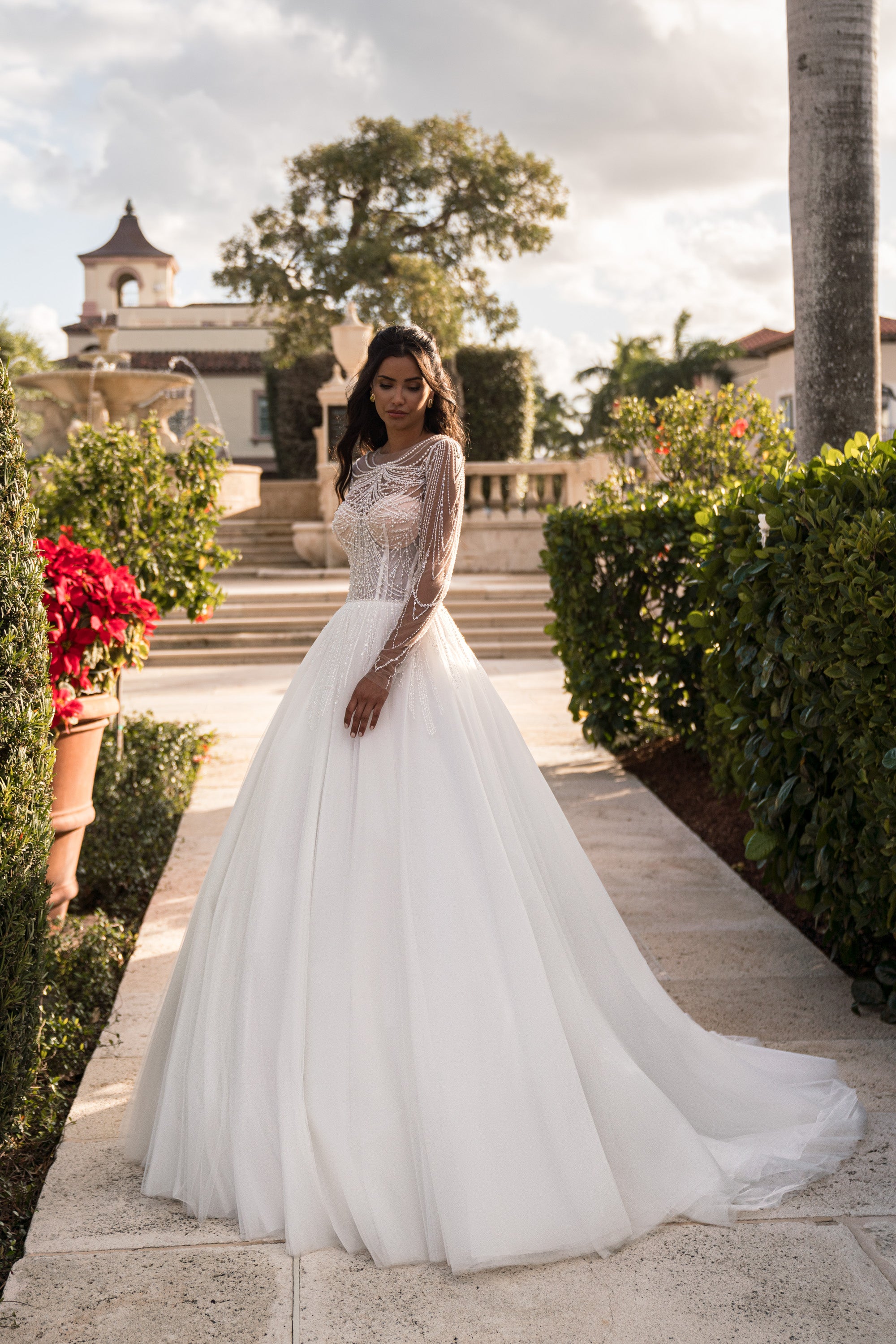 A-Line Wedding Dress with Beaded Illusion Sleeves