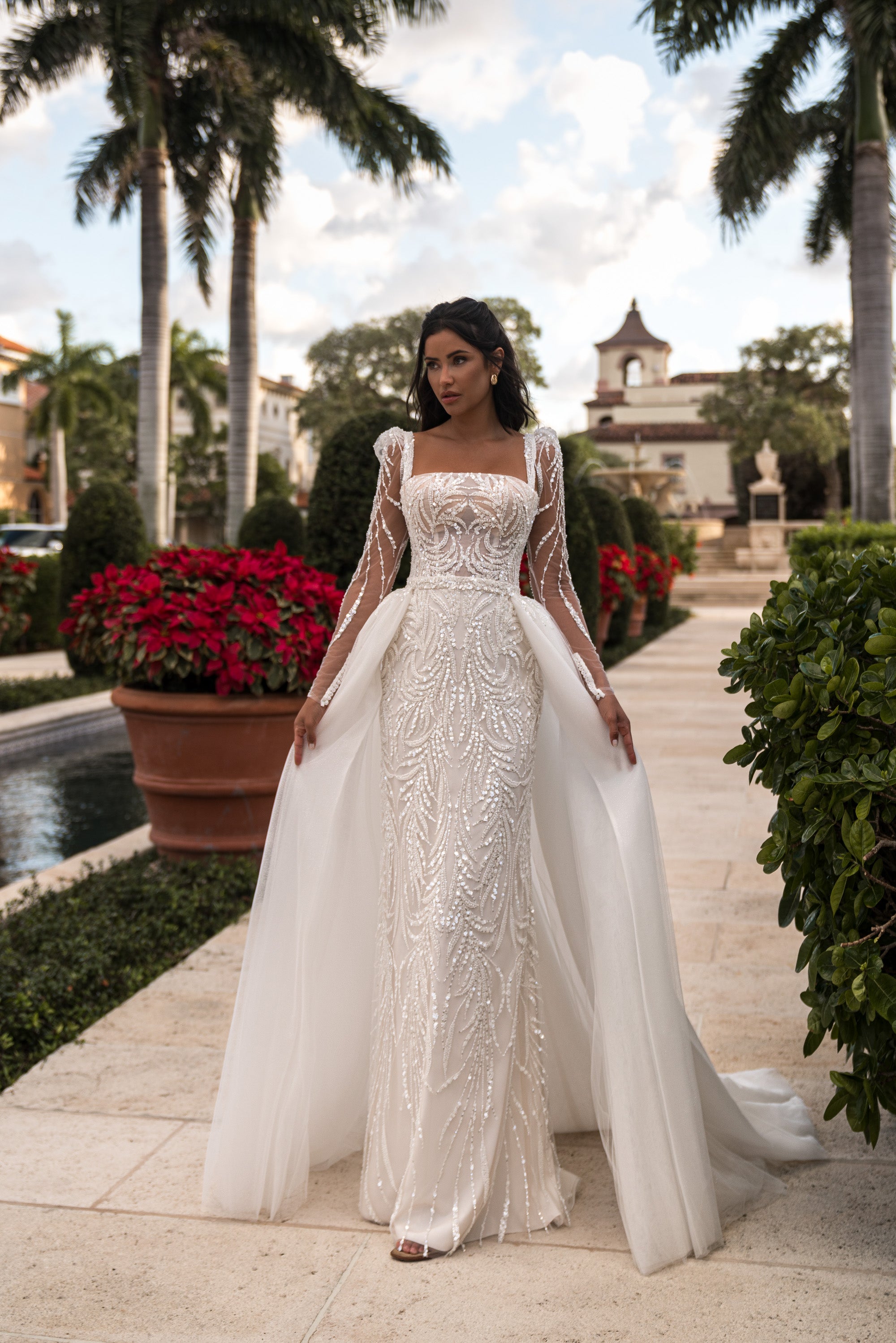 Beaded Sheath Wedding Dress with Detachable Overskirt