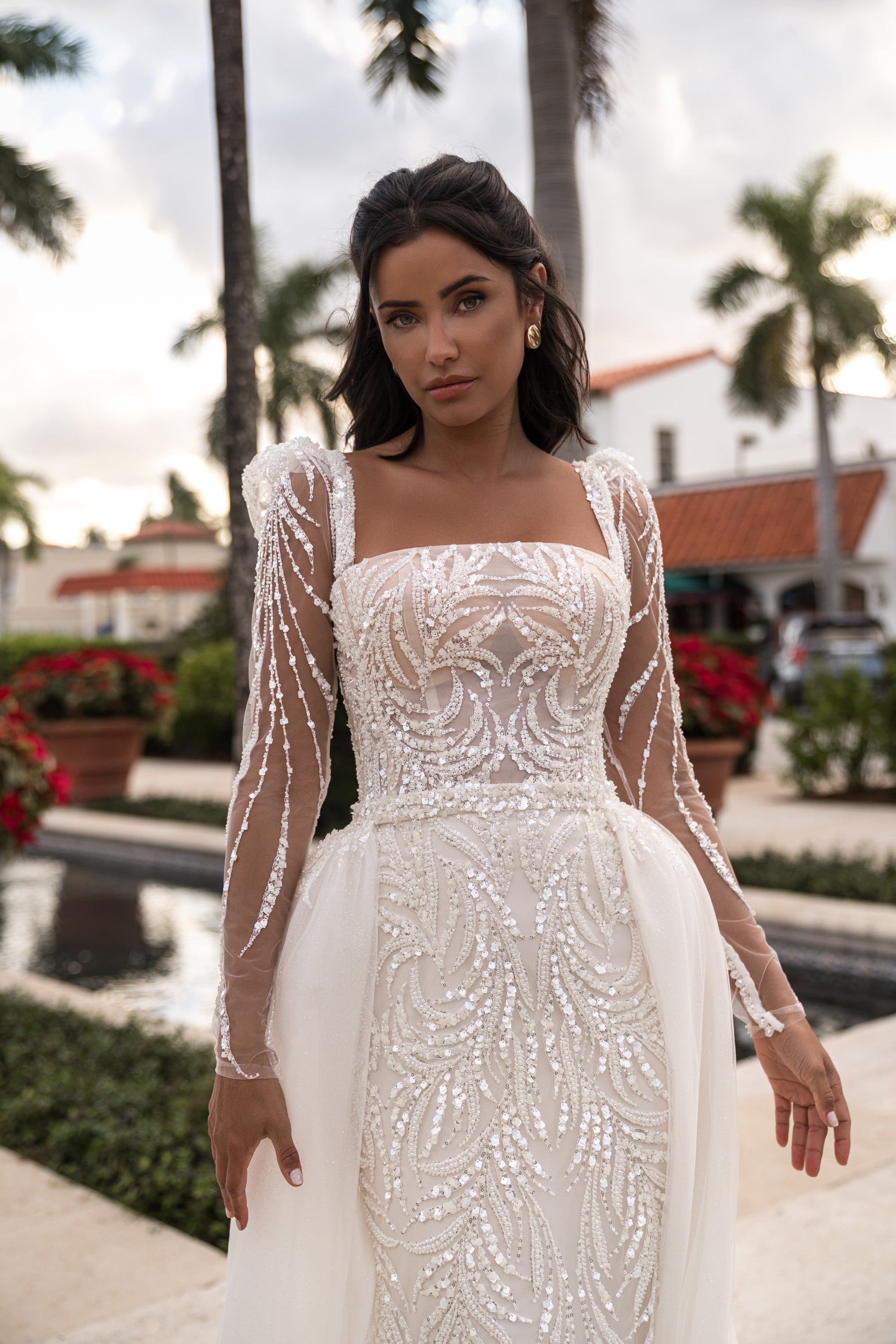 Beaded Sheath Wedding Dress with Detachable Overskirt
