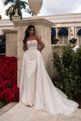 Beaded Sheath Wedding Dress with Detachable Overskirt