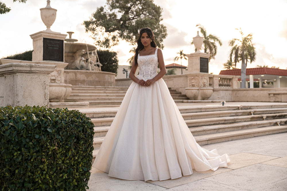 Glitter Tulle Ball Gown Wedding Dress with Beaded Bodice