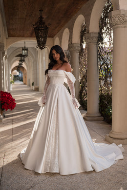 Satin A-Line Wedding Dress with Detachable Lace Sleeves