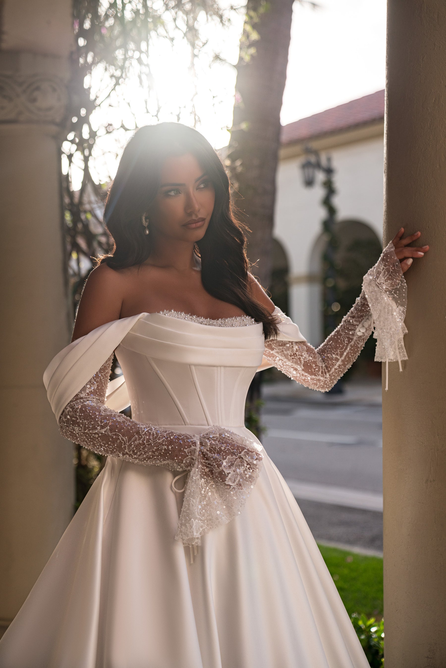 Satin A-Line Wedding Dress with Detachable Lace Sleeves