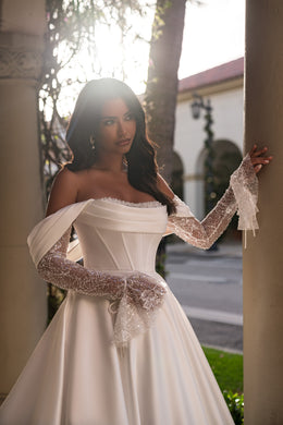 Satin A-Line Wedding Dress with Detachable Lace Sleeves