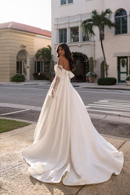 Satin A-Line Wedding Dress with Detachable Lace Sleeves