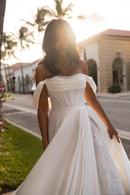 Satin A-Line Wedding Dress with Detachable Lace Sleeves