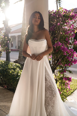 Satin A-Line Wedding Dress with Detachable Lace Sleeves
