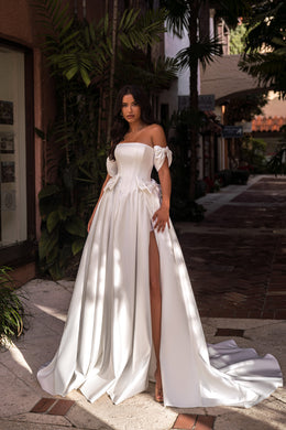 Satin A-Line Wedding Dress with Off-The-Shoulder Bows