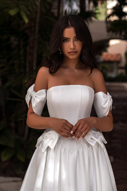 Satin A-Line Wedding Dress with Off-The-Shoulder Bows