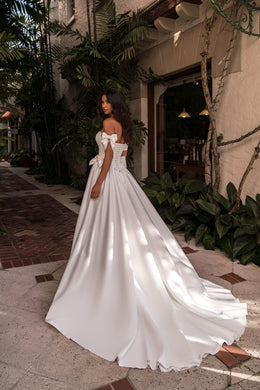 Satin A-Line Wedding Dress with Off-The-Shoulder Bows