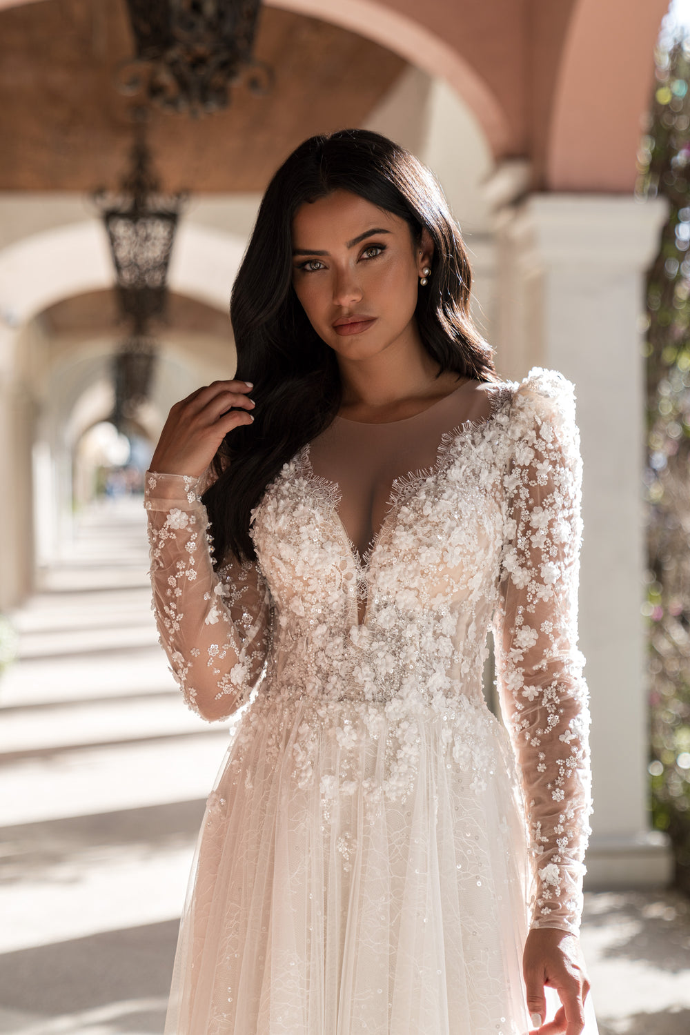 Floral A-Line Wedding Dress with Detachable Sleeves