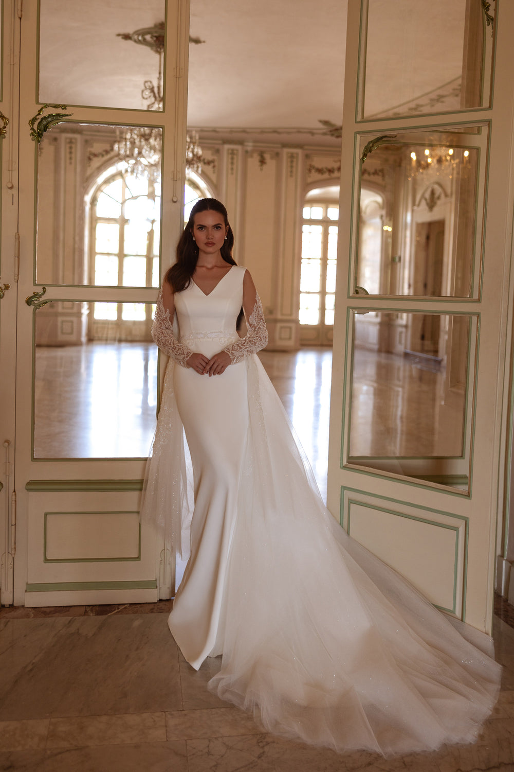 Sheath Wedding Dress with Illusion Lace Sleeves and Detachable Overskirt