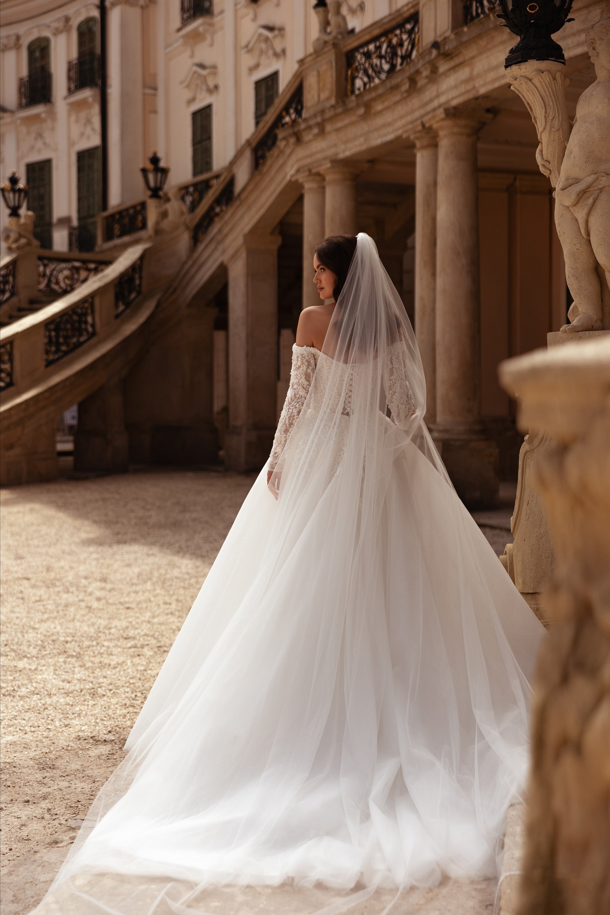Ivory wedding dress seen from behind, showing lace sleeves and a full flowing skirt beneath a sheer veil