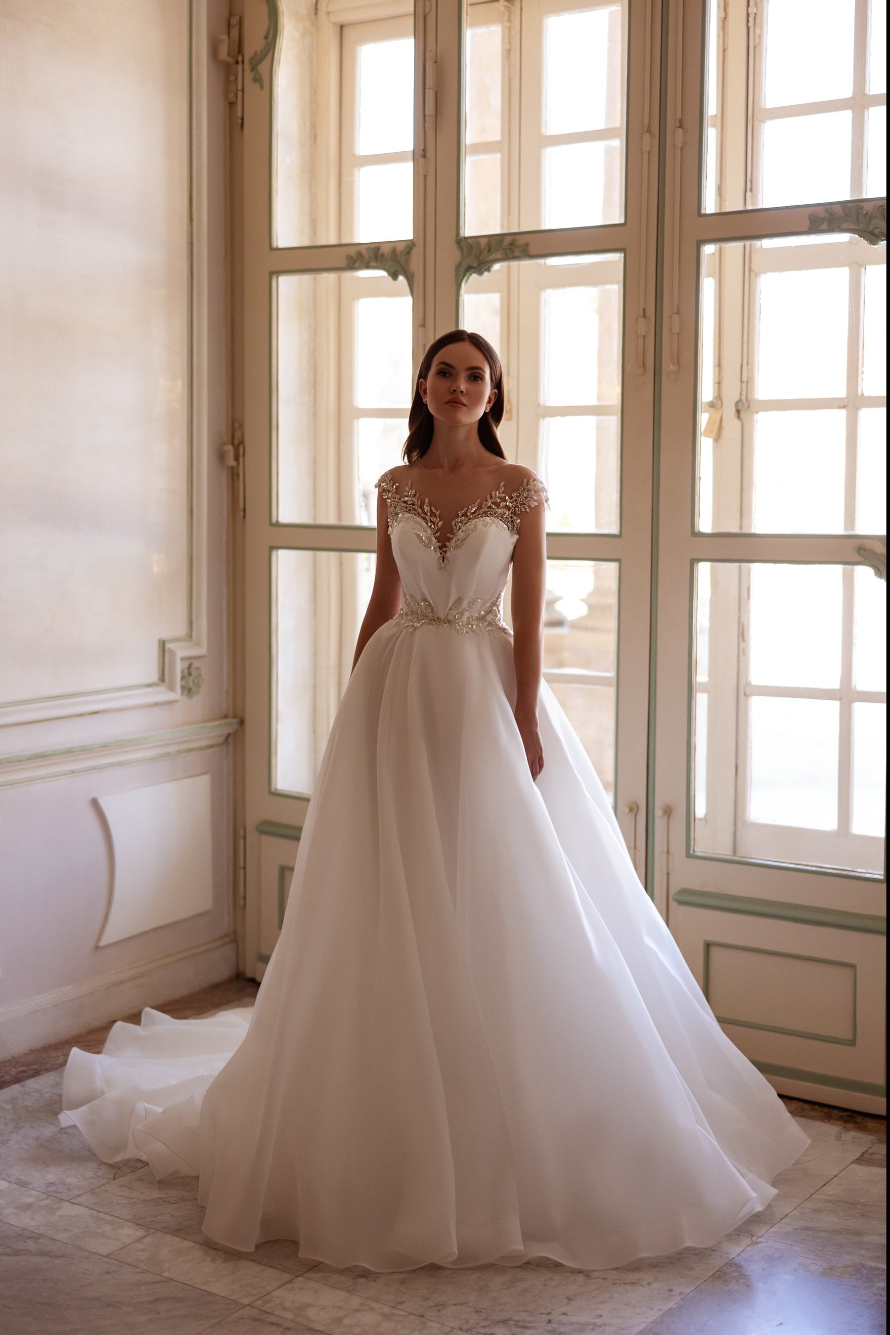 Ivory A-line wedding dress with a beaded illusion neckline, fitted bodice, and full flowing skirt