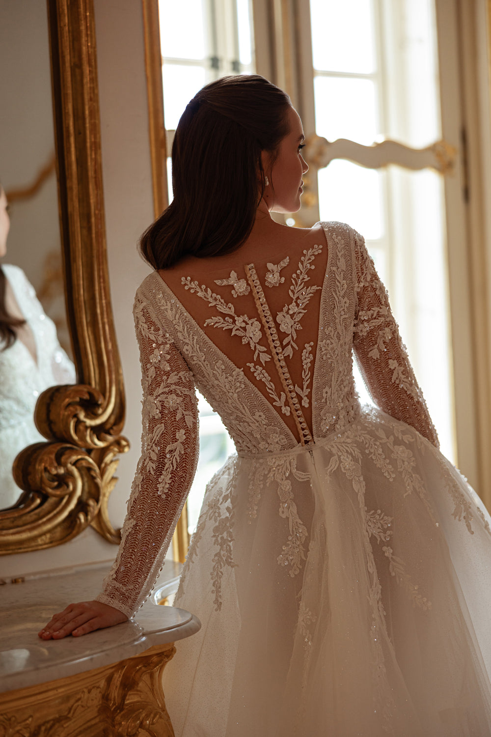 A-Line Wedding Dress with Long Lace Sleeves and Illusion Back