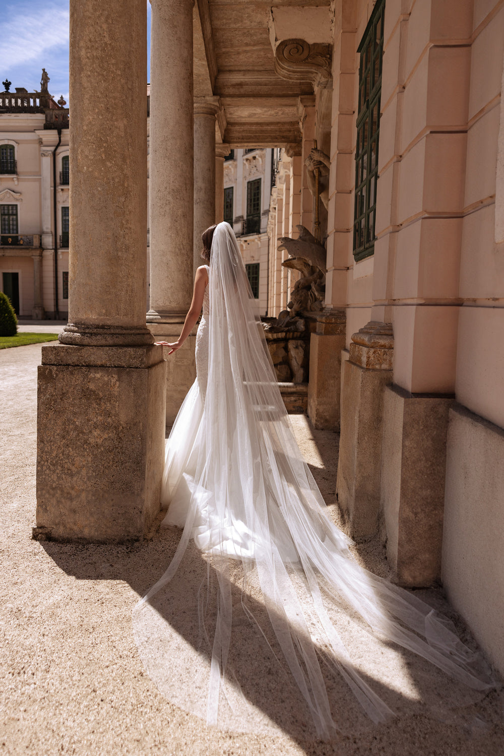 Extra-Long Cathedral Wedding Veil with Floral Lace Appliqués