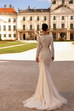 Ivory wedding dress with a lace back, mermaid silhouette, and long sheer tulle train