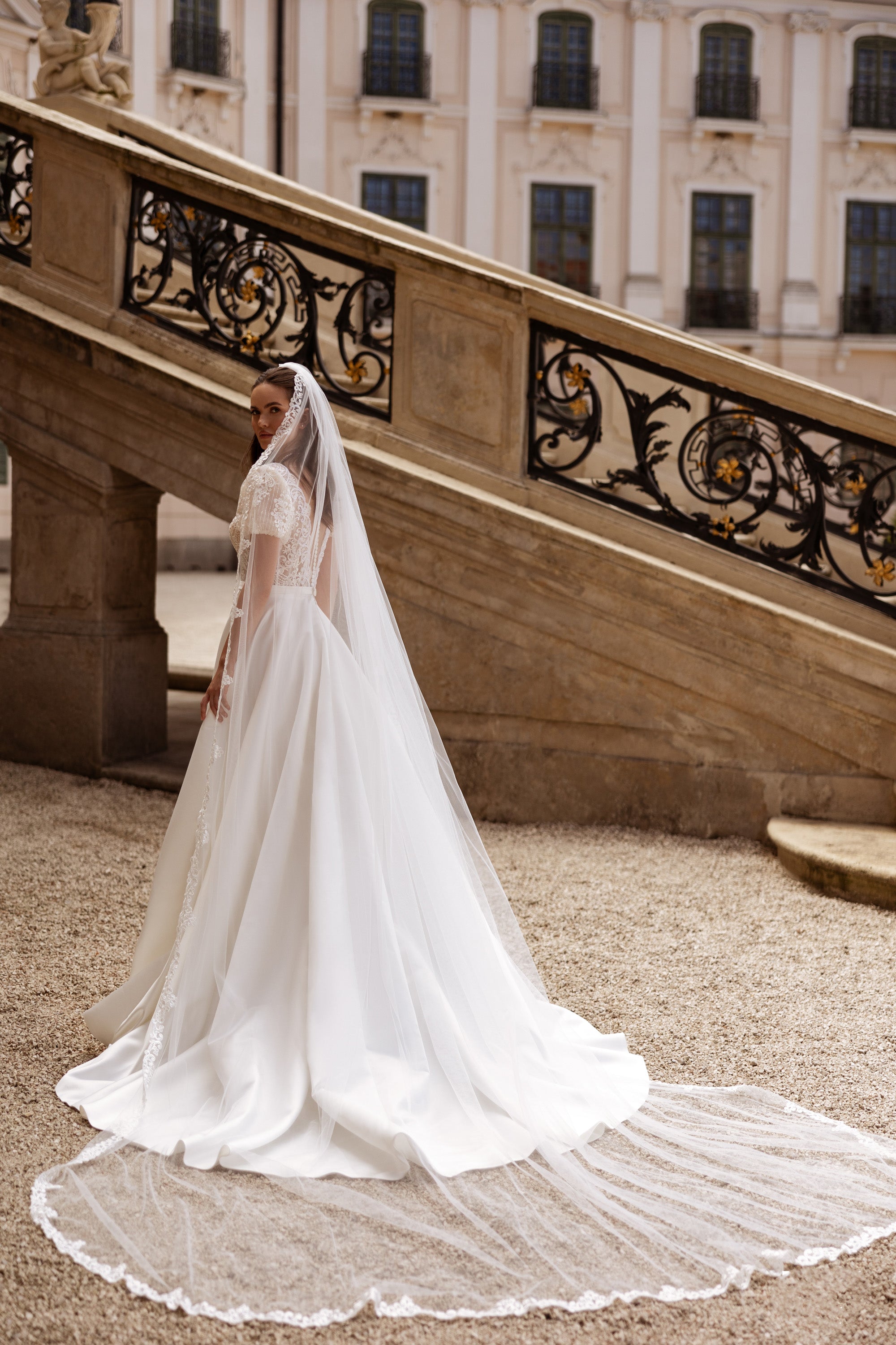 Ivory wedding dress with short lace sleeves, full A-line skirt, and long train beneath a sheer lace-edged veil