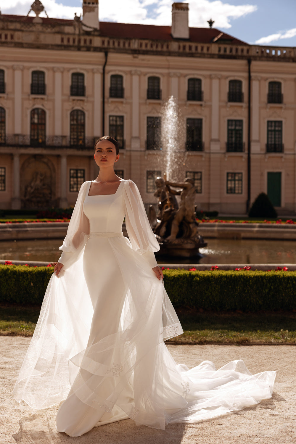 Sheath Wedding Dress with Square Neckline and Bishop Sleeves