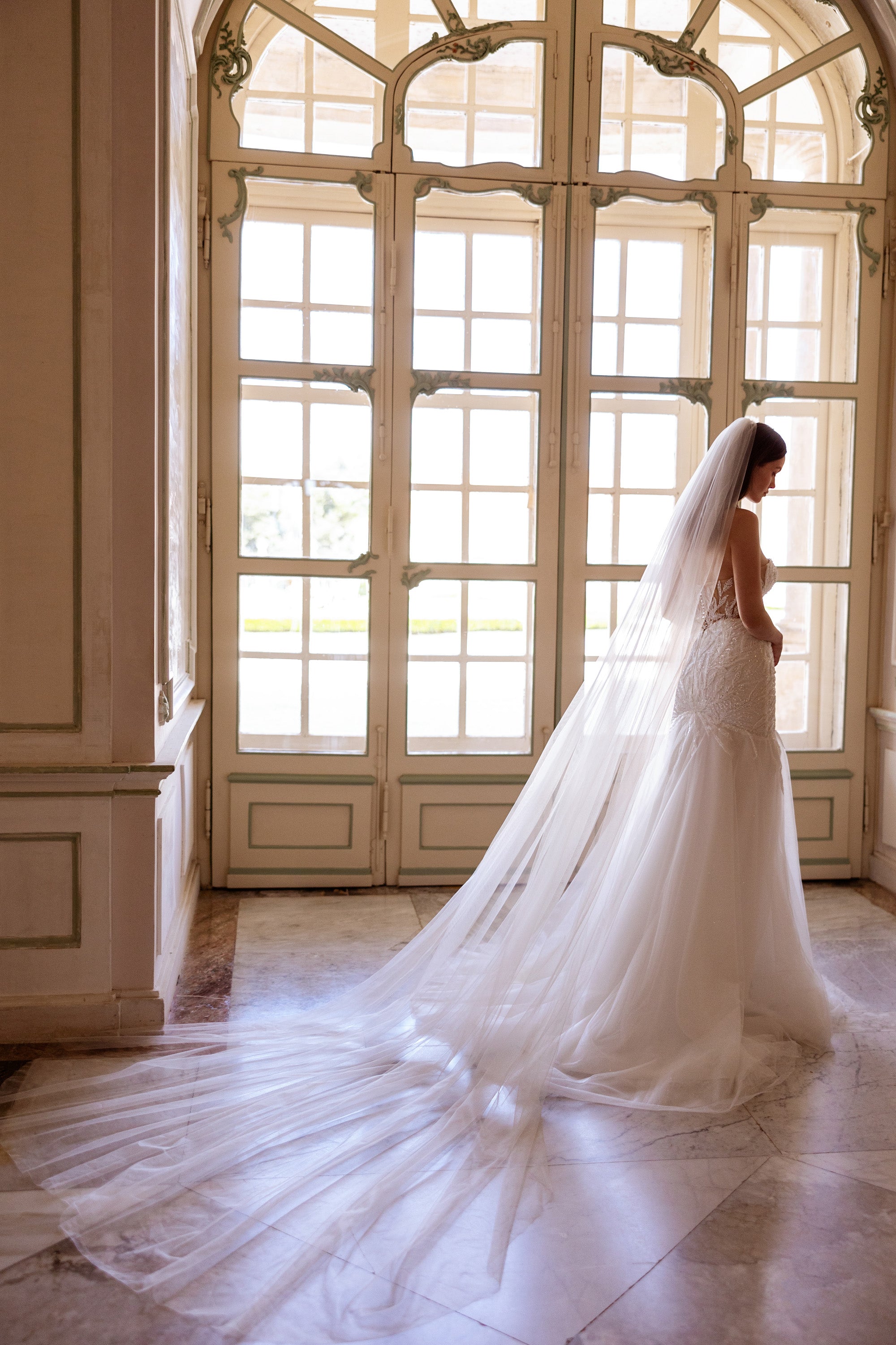 Ivory wedding dress with a fitted mermaid silhouette and an expansive, flowing train seen from behind
