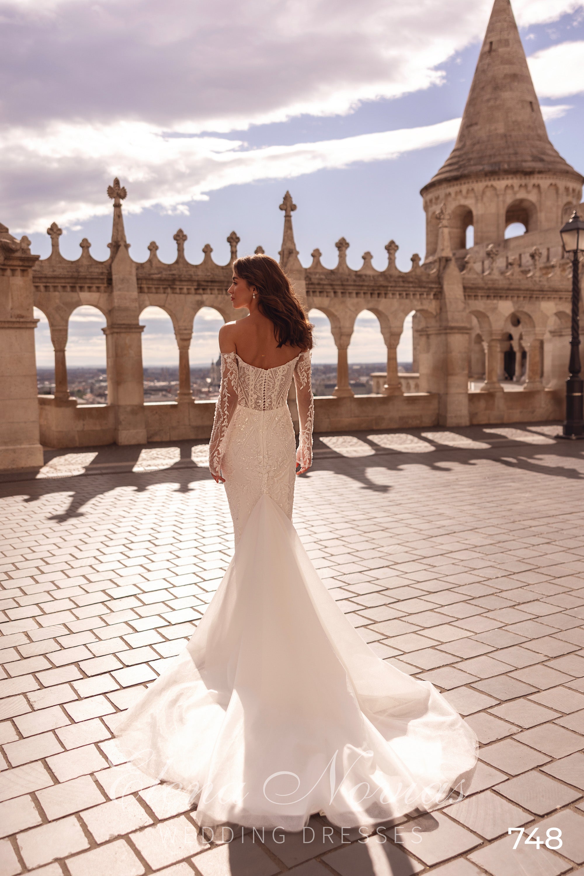 Rear view of an ivory mermaid wedding dress with a lace back, long sleeves, and a floor-length train