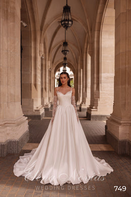 Satin Ball Gown Wedding Dress with Spaghetti Straps and Lace Sleeves
