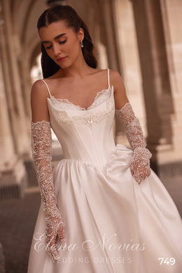 Satin Ball Gown Wedding Dress with Spaghetti Straps and Lace Sleeves