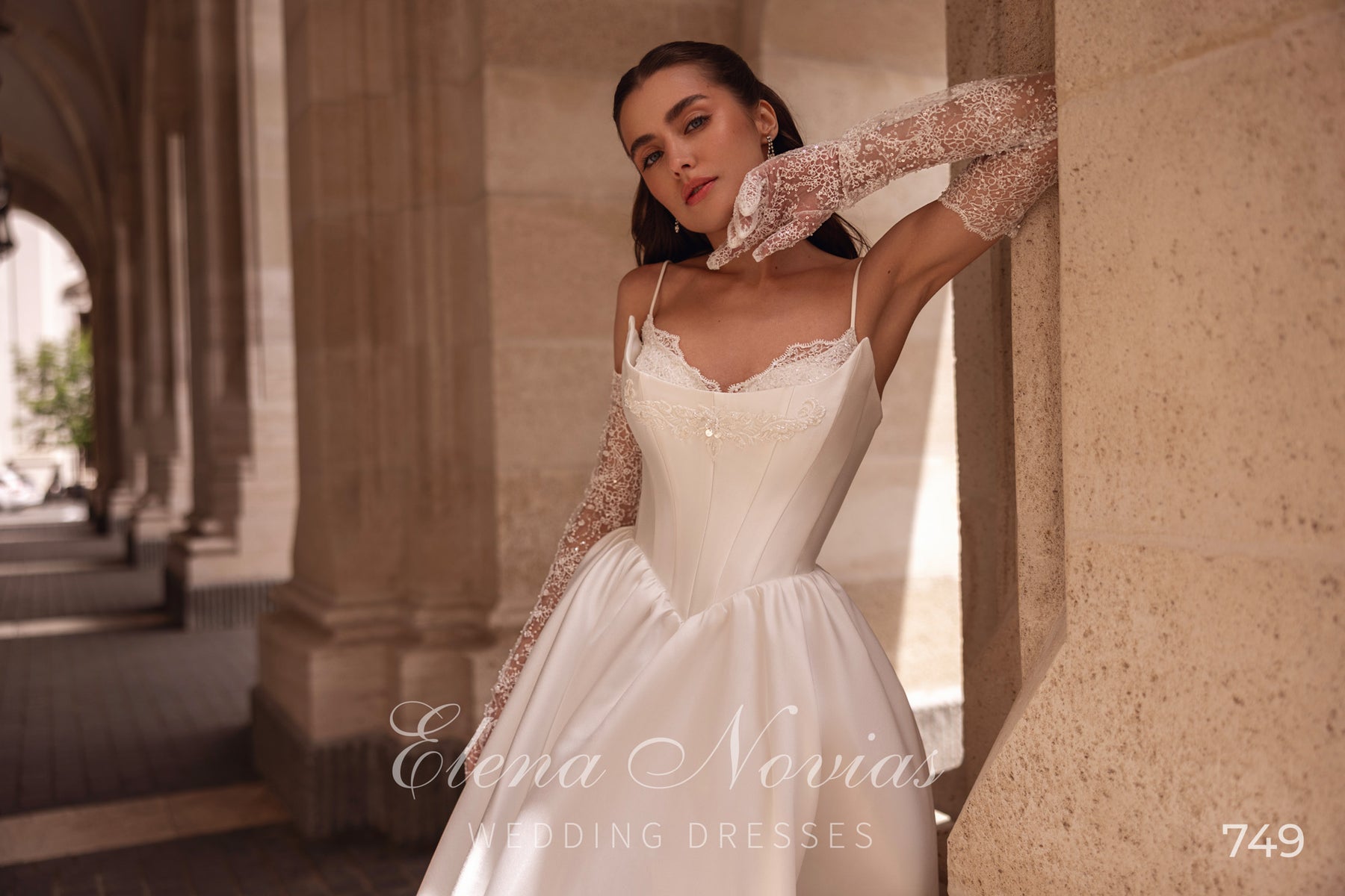 Satin Ball Gown Wedding Dress with Spaghetti Straps and Lace Sleeves