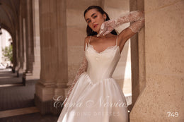 Satin Ball Gown Wedding Dress with Spaghetti Straps and Lace Sleeves