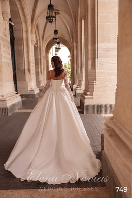 Satin Ball Gown Wedding Dress with Spaghetti Straps and Lace Sleeves