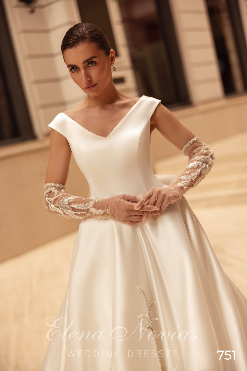 Satin A-Line Wedding Dress with V-Neckline and Bow Back